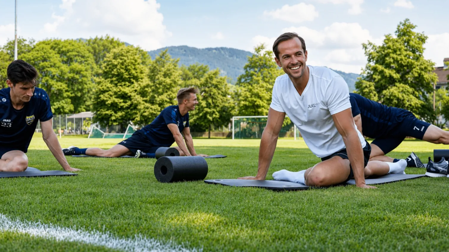 Mannschaft bei einer Mobility-Einheit auf dem Sportplatz